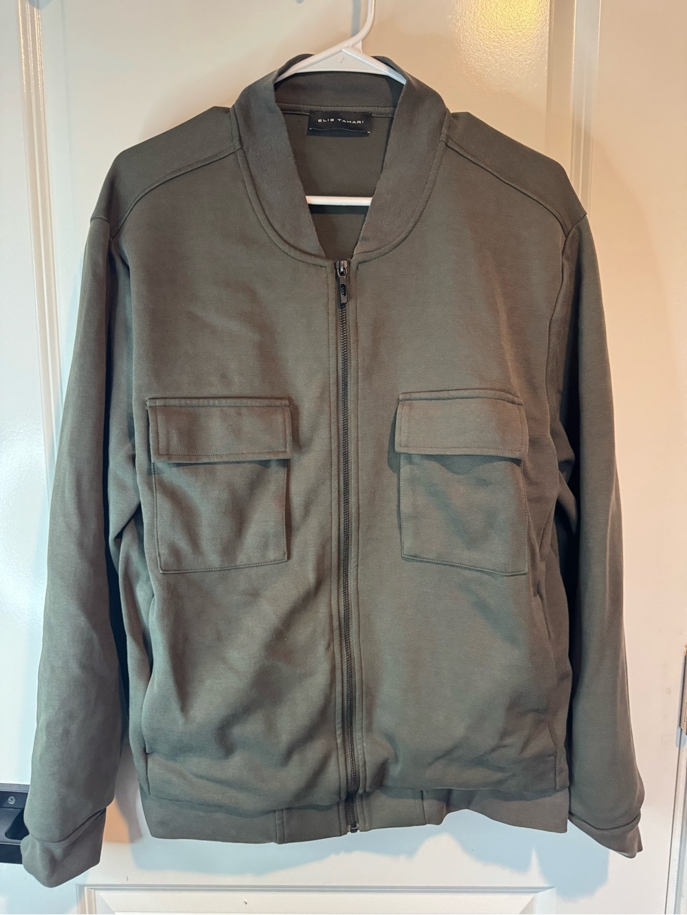 Elie Tahari Olive Green Bomber Jacket with Flap Pockets